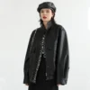 Womens Black Biker Genuine Sheepskin Drop Shoulders Moto Racer Oversized Casual Streetwear Loose Smooth Leather Jacket