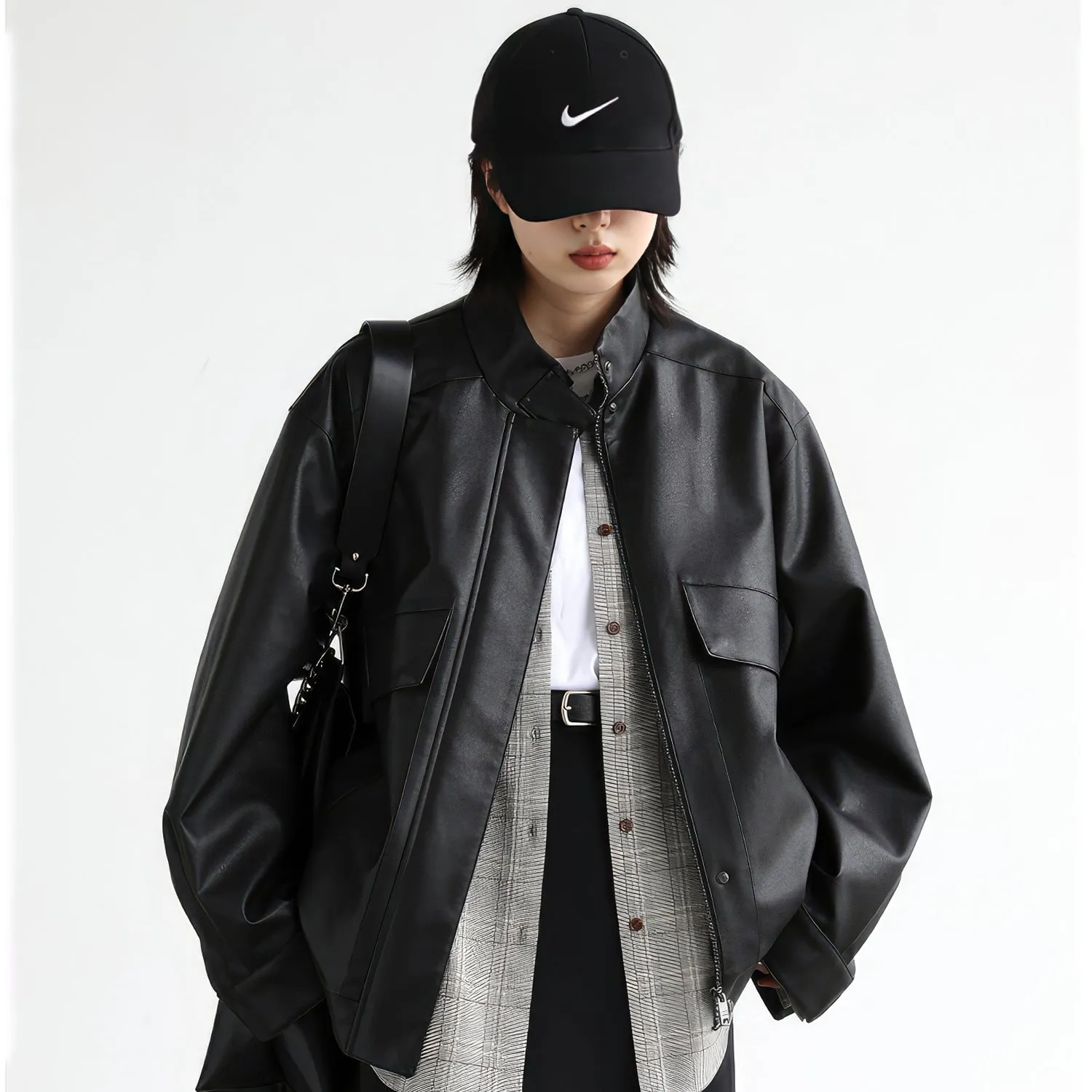 Womens Black Biker Genuine Sheepskin Drop Shoulders Moto Racer Oversized Casual Streetwear Loose Smooth Leather Jacket - Image 3