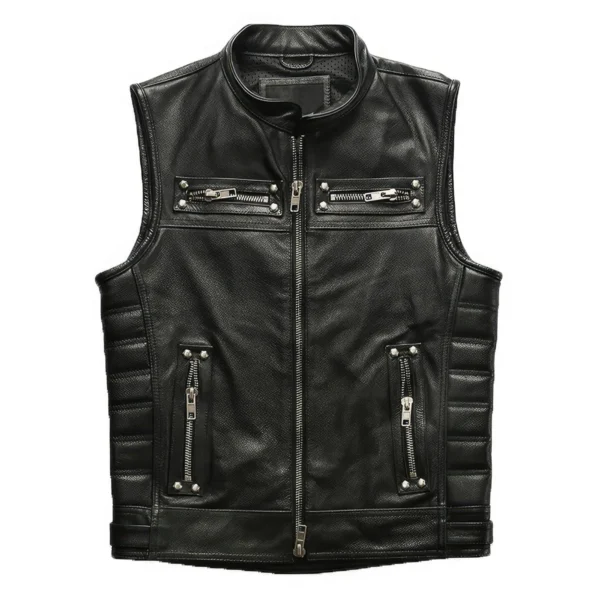 Mens Biker Black Genuine Cowhide Sleeveless Vest Quilted Zip-Up Moto Lightweight Classic Smooth Slim Fit Leather Waistcoat