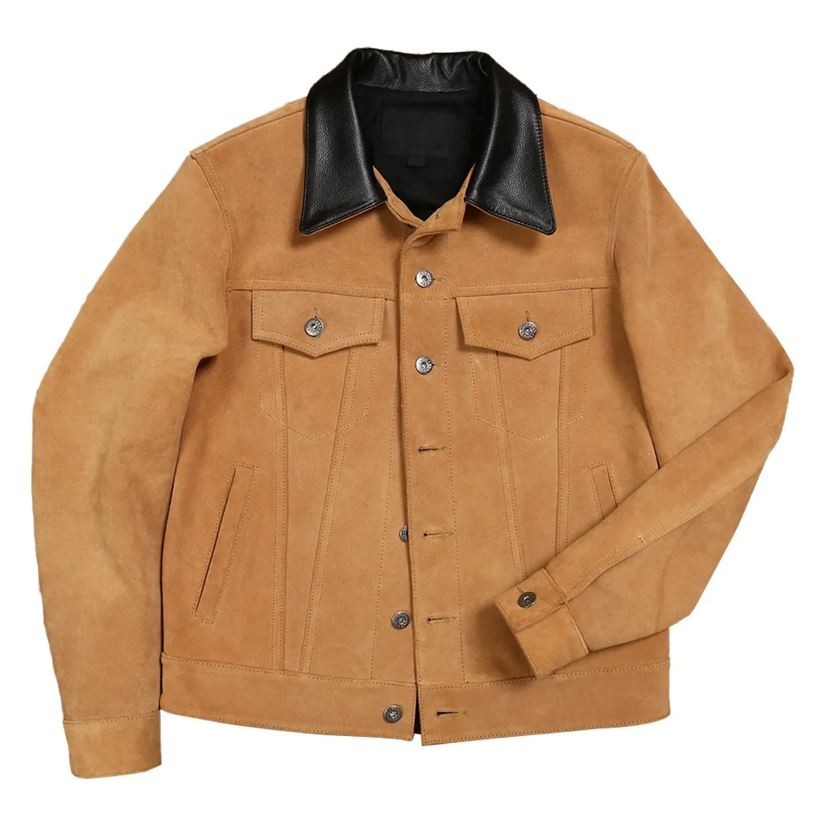 Mens Brown Trucker Genuine Suede Turn Down Collar Casual Classic Western Fashionable Leather Jacket