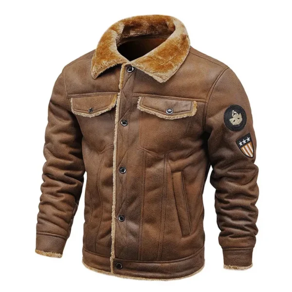 Mens Vintage Distressed Brown Genuine Sheepskin Sherpa Shearling Faux Fur Lined Turn-Down Collar Winter Warm Fashionable Casual Classic Leather Jacket