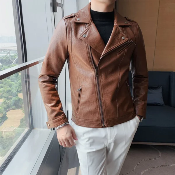 Mens Brown Moto Biker Genuine Sheepskin Lapel Collar Asymmetric Rider Motorcycle Fashion Leather Jacket