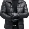 Mens Black Genuine Sheepskin Hooded Winter Warm Thick Casual Baggy Padded Puffer Lightweight Insulated Parka Leather Jacket