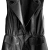 Womens Black Genuine Sheepskin Notched Lapel Collar Classic Suit Overcoat Spring Autumn Fashionable Leather Sleeveless Vest