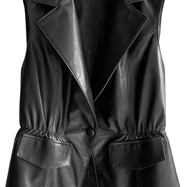 Womens Black Genuine Sheepskin Notched Lapel Collar Classic Suit Overcoat Spring Autumn Fashionable Leather Sleeveless Vest