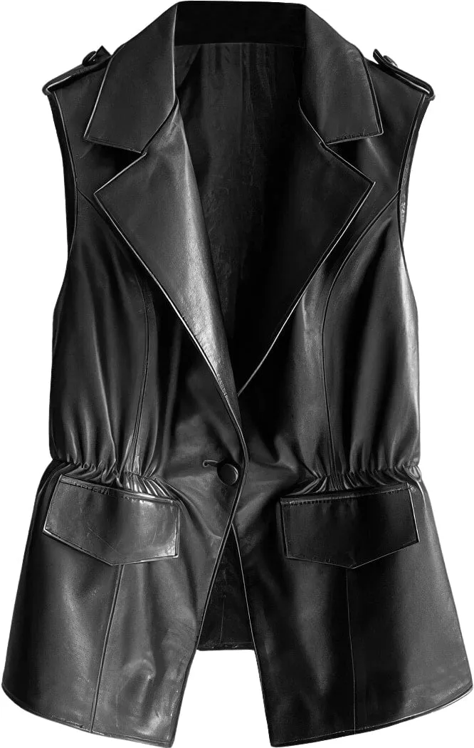 Womens Black Genuine Sheepskin Notched Lapel Collar Classic Suit Overcoat Spring Autumn Fashionable Leather Sleeveless Vest