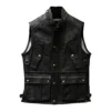 Mens Black Genuine Cowhide Stand Collar Vest Motorcycle Biker Sleeveless Classic Retro Rock Hunter Multi Pockets Leather Waistcoat