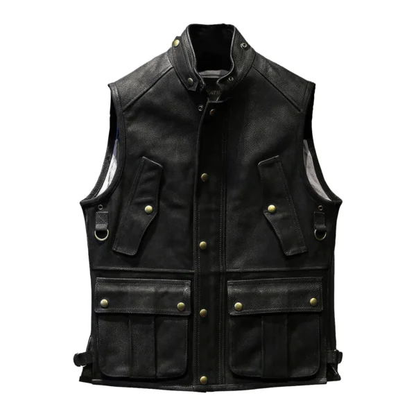 Mens Black Genuine Cowhide Stand Collar Vest Motorcycle Biker Sleeveless Classic Retro Rock Hunter Multi Pockets Leather Waistcoat