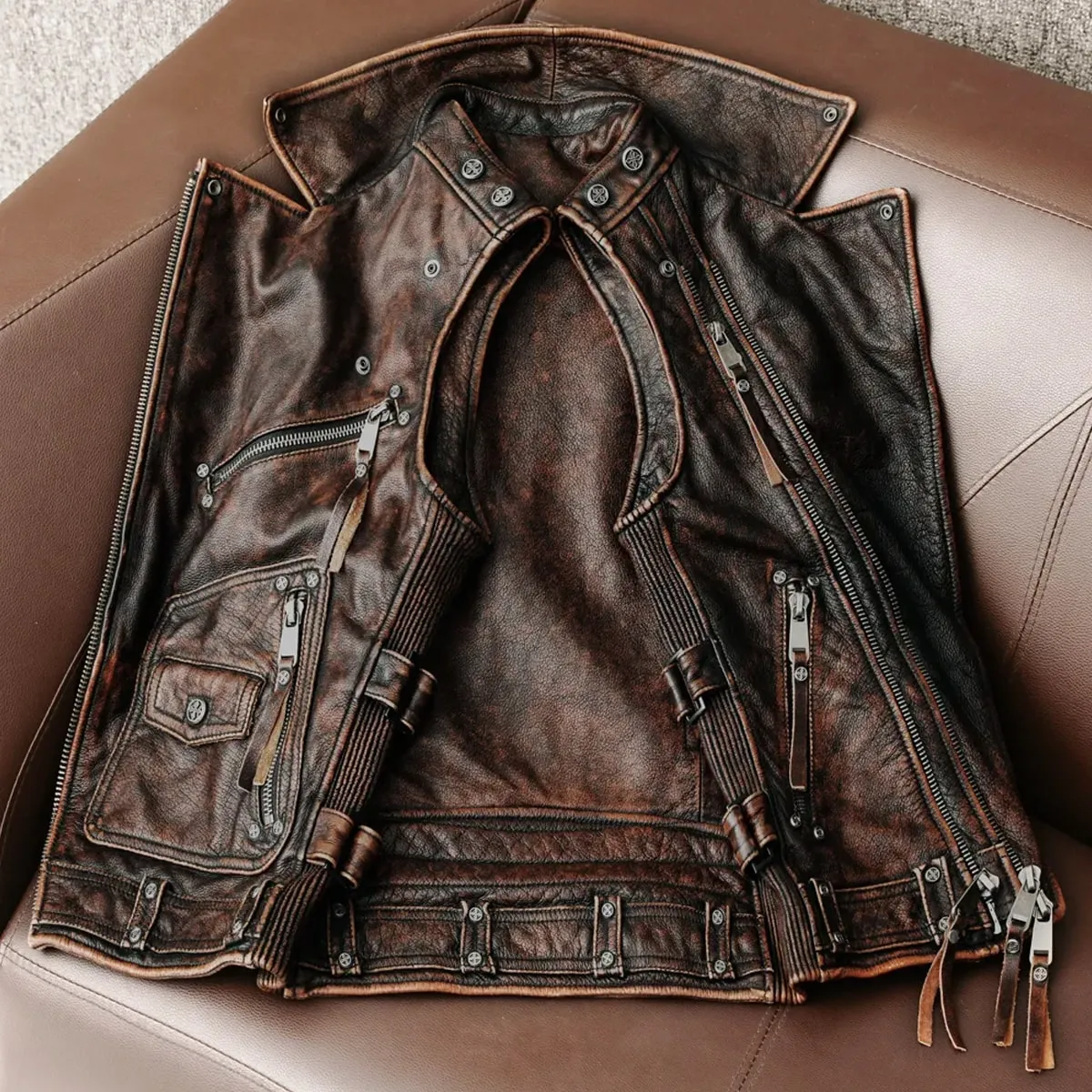 Mens Biker Vintage Brown Genuine Cowhide Western Slim Fit Leather Zipper Waistcoat - Image 3