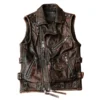Mens Biker Vintage Brown Genuine Cowhide Western Slim Fit Leather Zipper Waistcoat