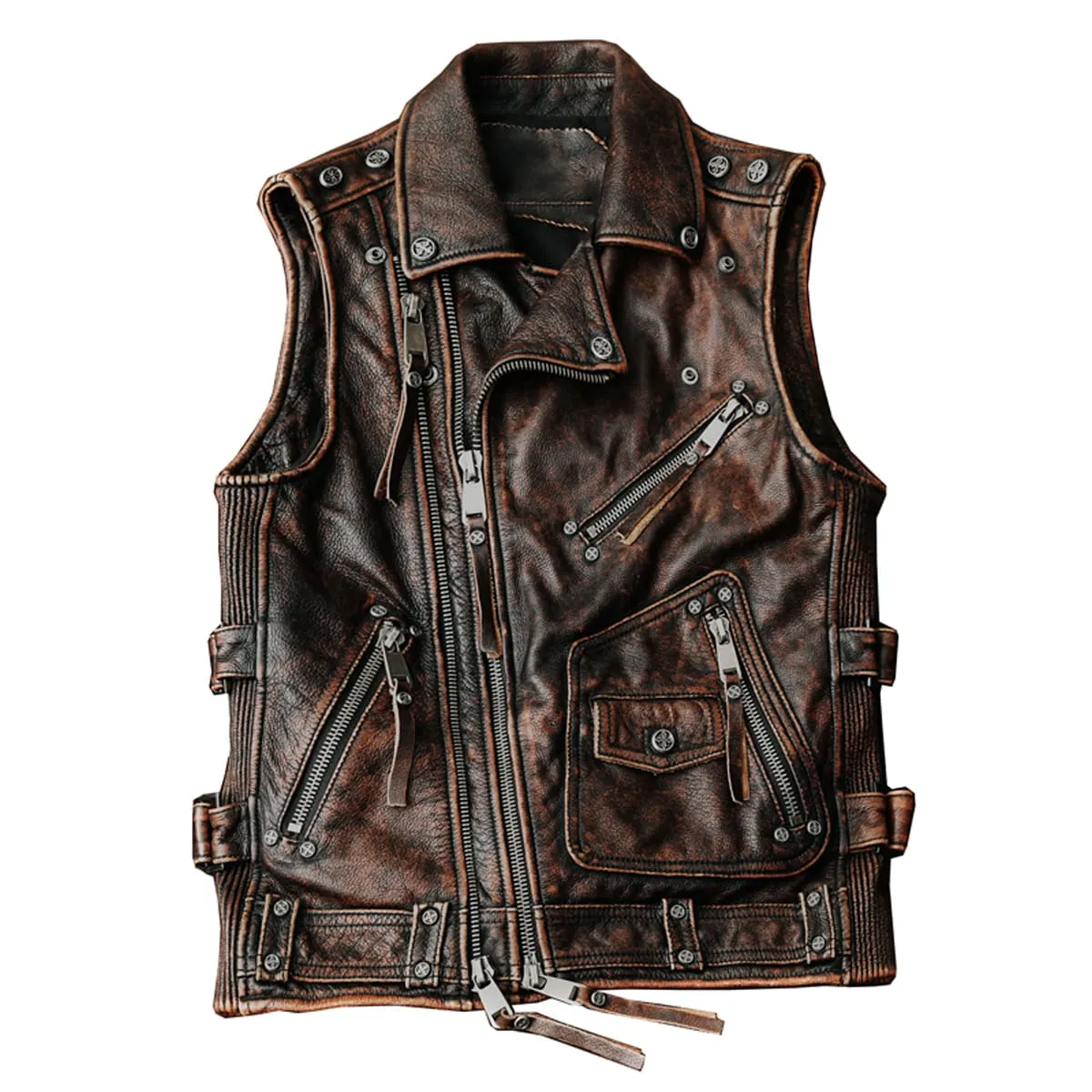 Mens Biker Vintage Brown Genuine Cowhide Western Slim Fit Leather Zipper Waistcoat