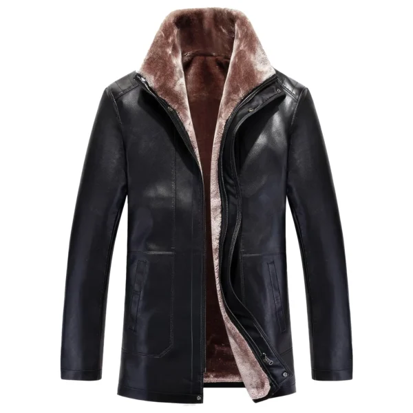 Mens Black Genuine Sheepskin Sherpa Shearling Faux Fur Lined Casual Fashionable Smooth Slim Fit Zip-Up Leather Jacket