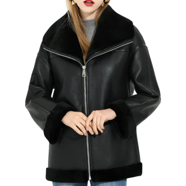 Womens Black Genuine Sheepskin Sherpa Shearling Faux Fur Lined Winter Warm Eco-Fur Fashionable Aviator Pilot Leather Jacket