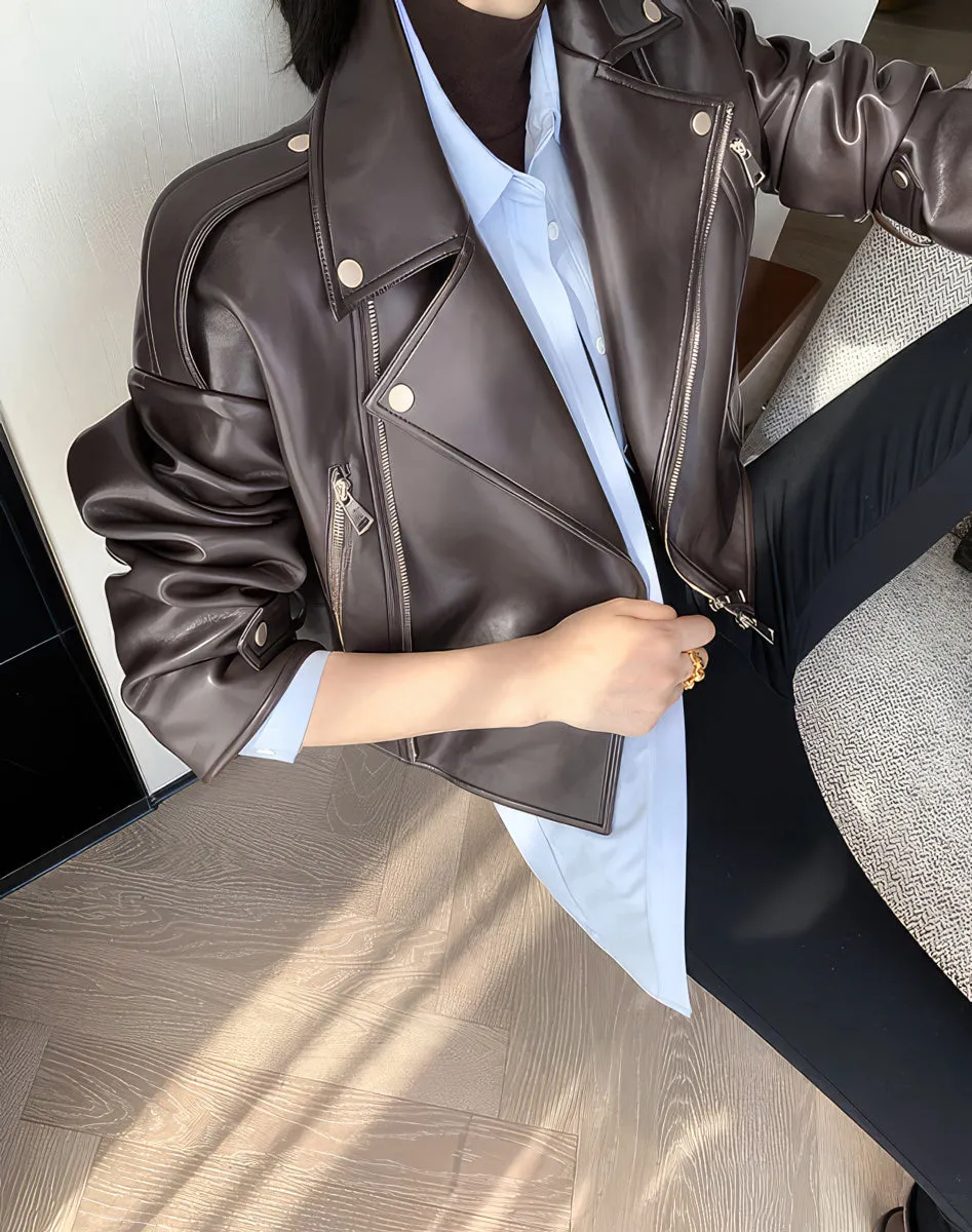 Womens Brown Biker Genuine Sheepskin Lapel Collar Classic Korean Style Fashion Outfit Short Oversized Real Leather Jacket