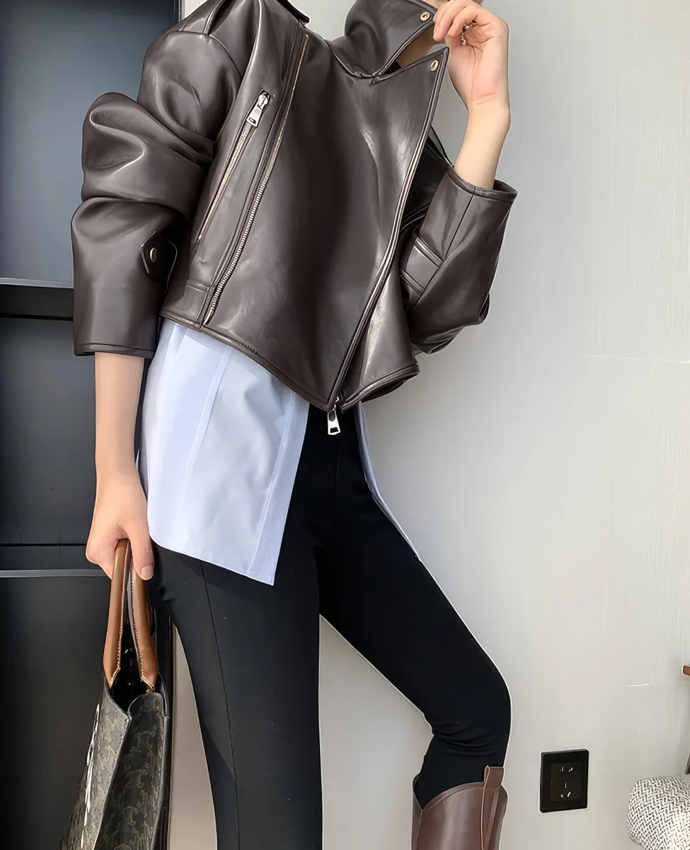 Womens Brown Biker Genuine Sheepskin Lapel Collar Classic Korean Style Fashion Outfit Short Oversized Real Leather Jacket - Image 3