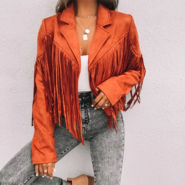 Womens Orange Genuine Suede Tassel Lapel Long Sleeve Motor Biker Native American Vintage Cropped Leather Jacket