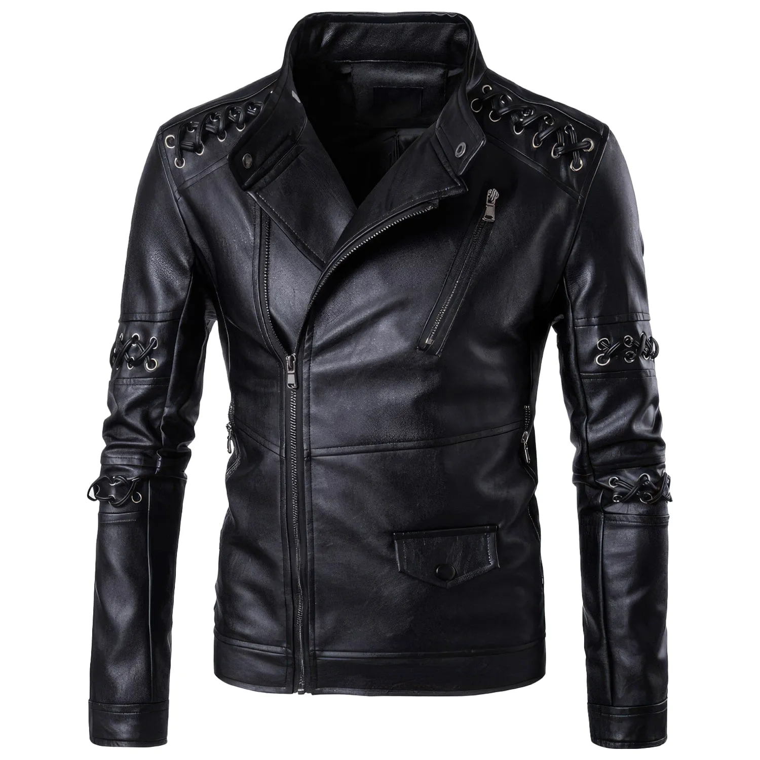 Mens Black Biker Genuine Sheepskin Laces Café Racer Outfit Asymmetric Crossover Zip-Up Retro Casual Classic Rider Leather Jacket