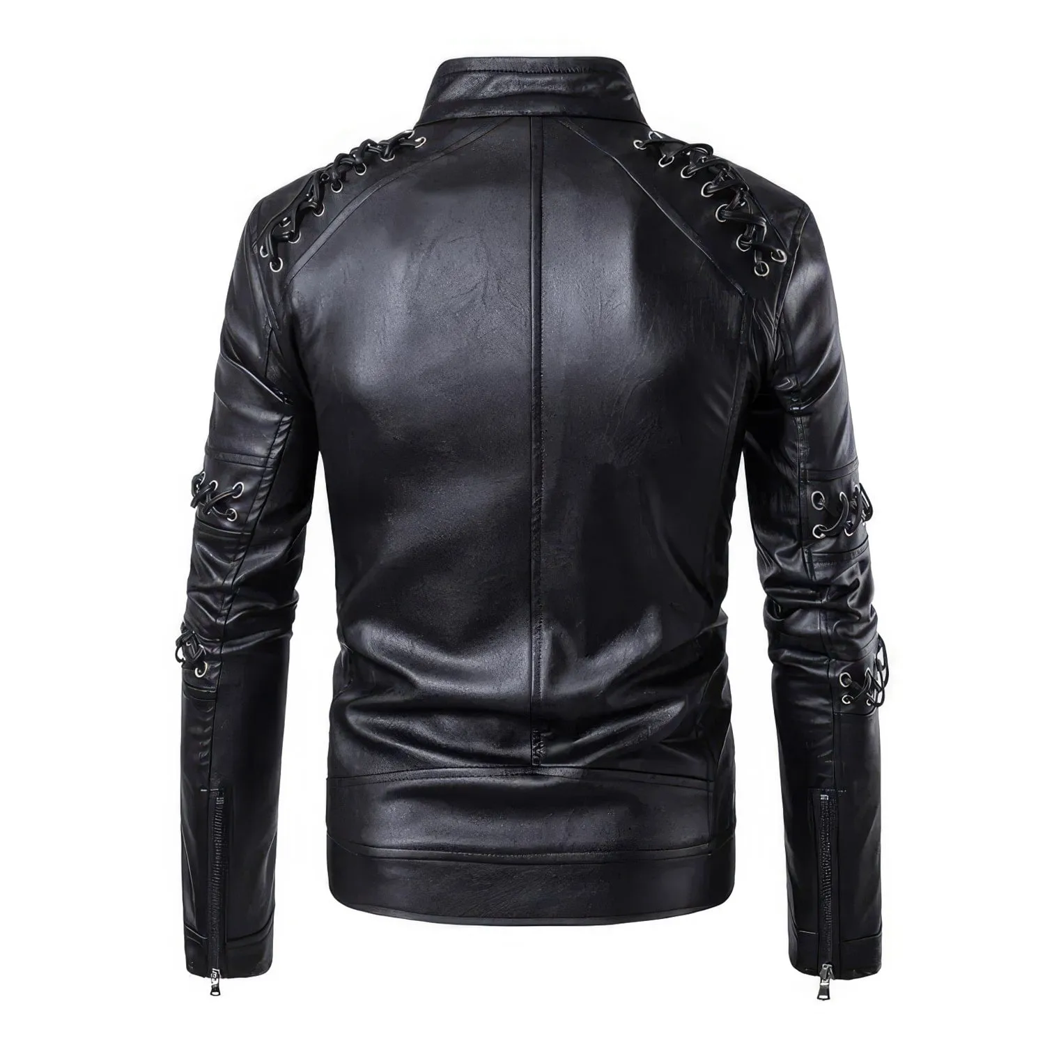 Mens Black Biker Genuine Sheepskin Laces Café Racer Outfit Asymmetric Crossover Zip-Up Retro Casual Classic Rider Leather Jacket - Image 2
