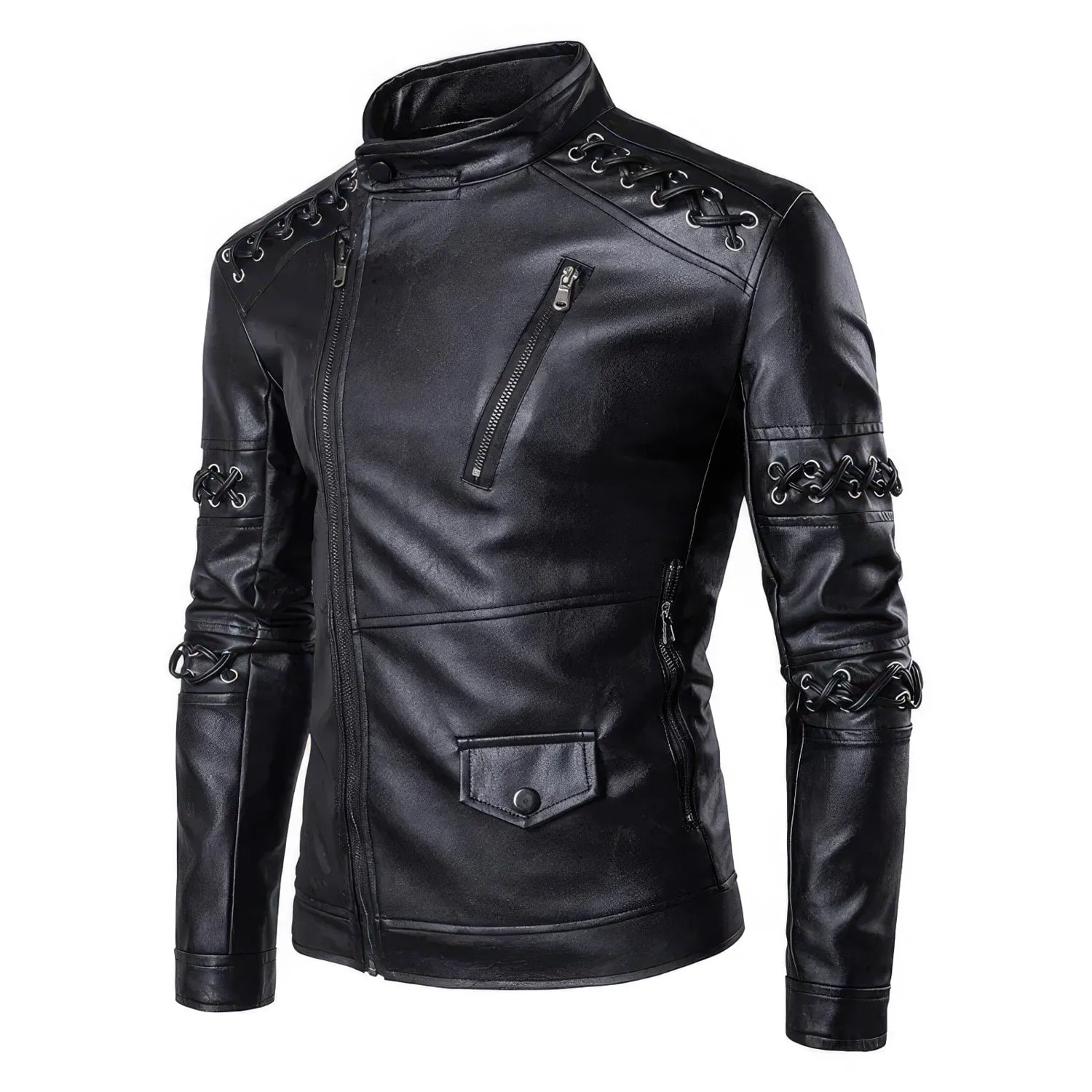 Mens Black Biker Genuine Sheepskin Laces Café Racer Outfit Asymmetric Crossover Zip-Up Retro Casual Classic Rider Leather Jacket - Image 3