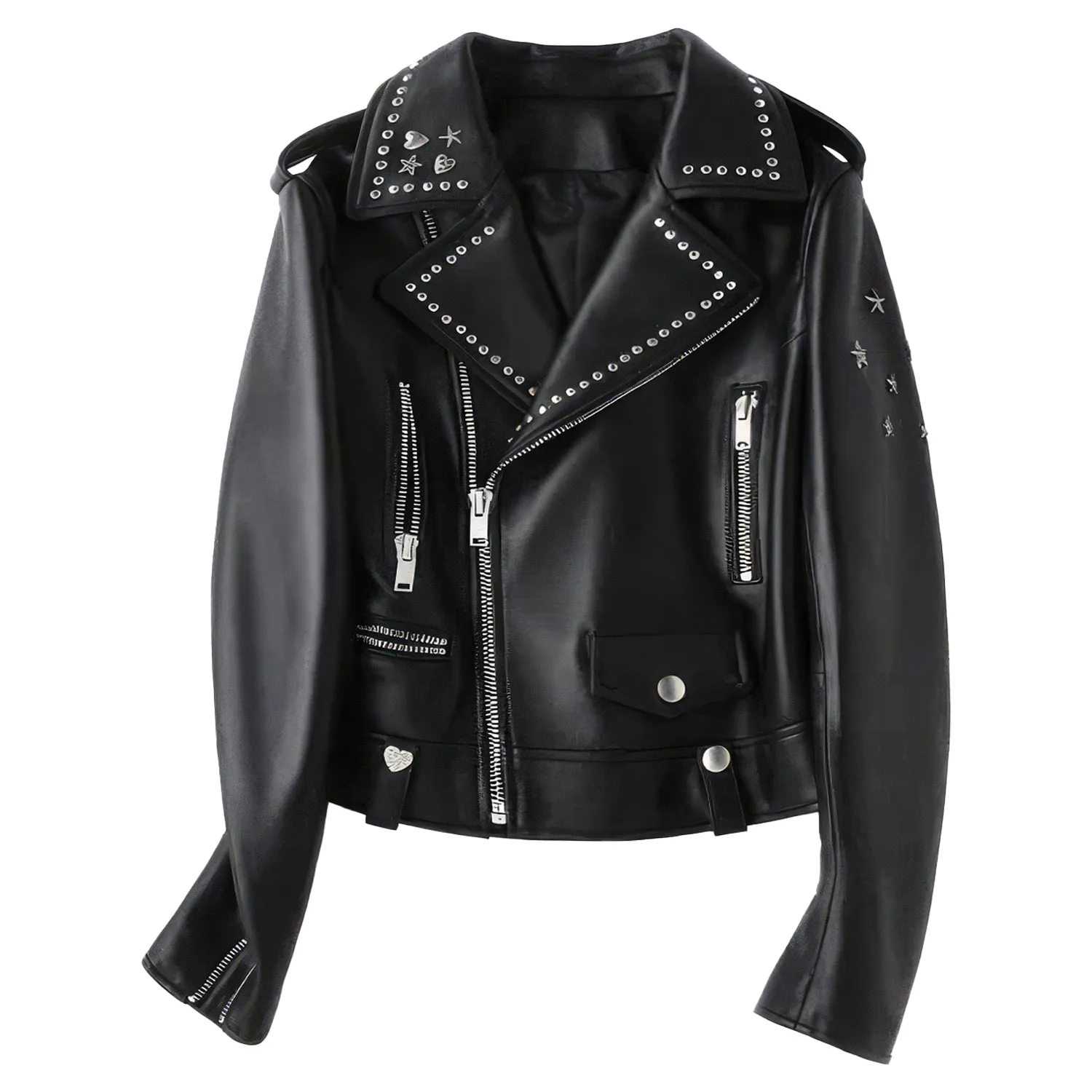 Womens Black Biker Genuine Sheepskin Lapel Studded Collar Celebrity Style Sporty Café Racer Slim Fit Leather Jacket