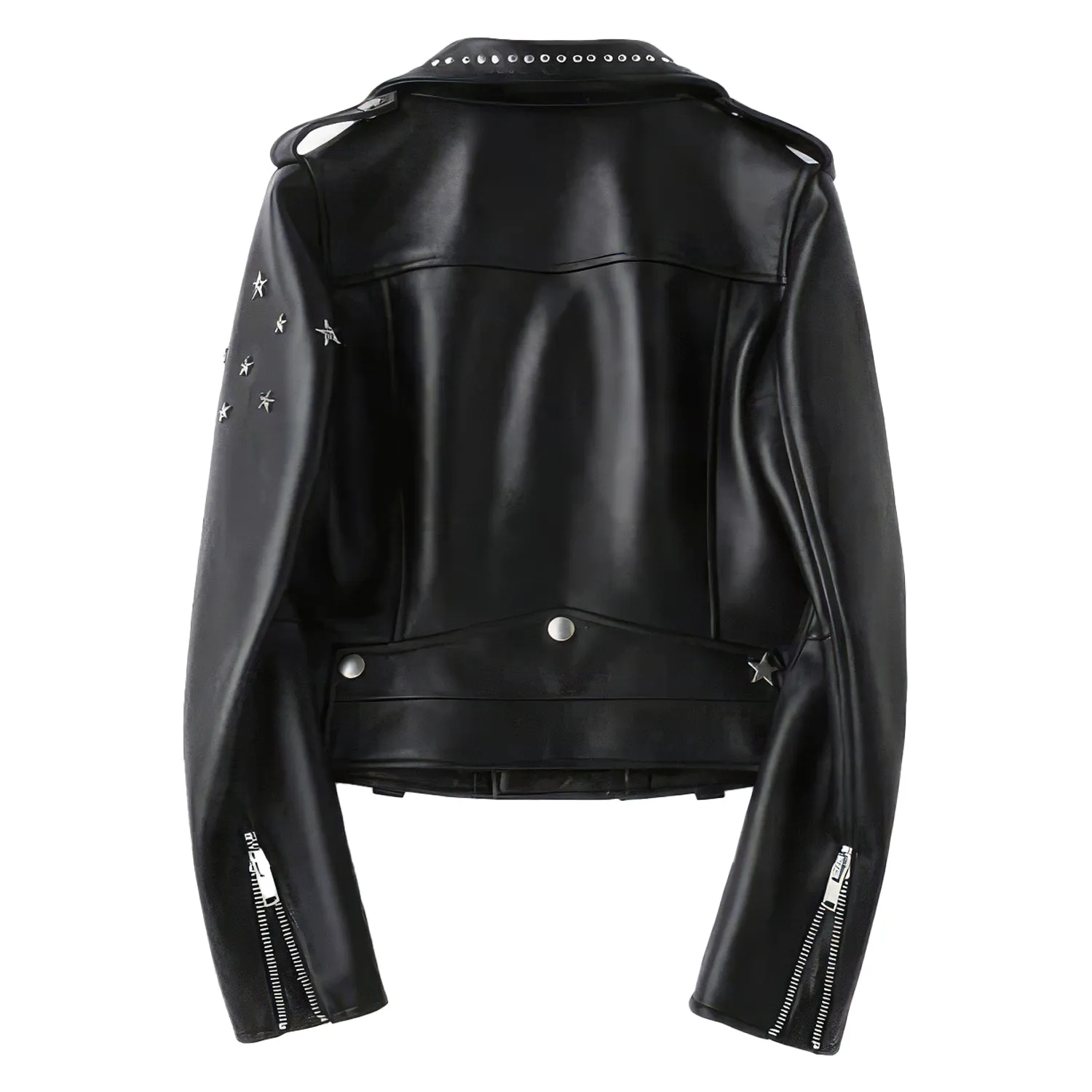 Womens Black Biker Genuine Sheepskin Lapel Studded Collar Celebrity Style Sporty Café Racer Slim Fit Leather Jacket - Image 2