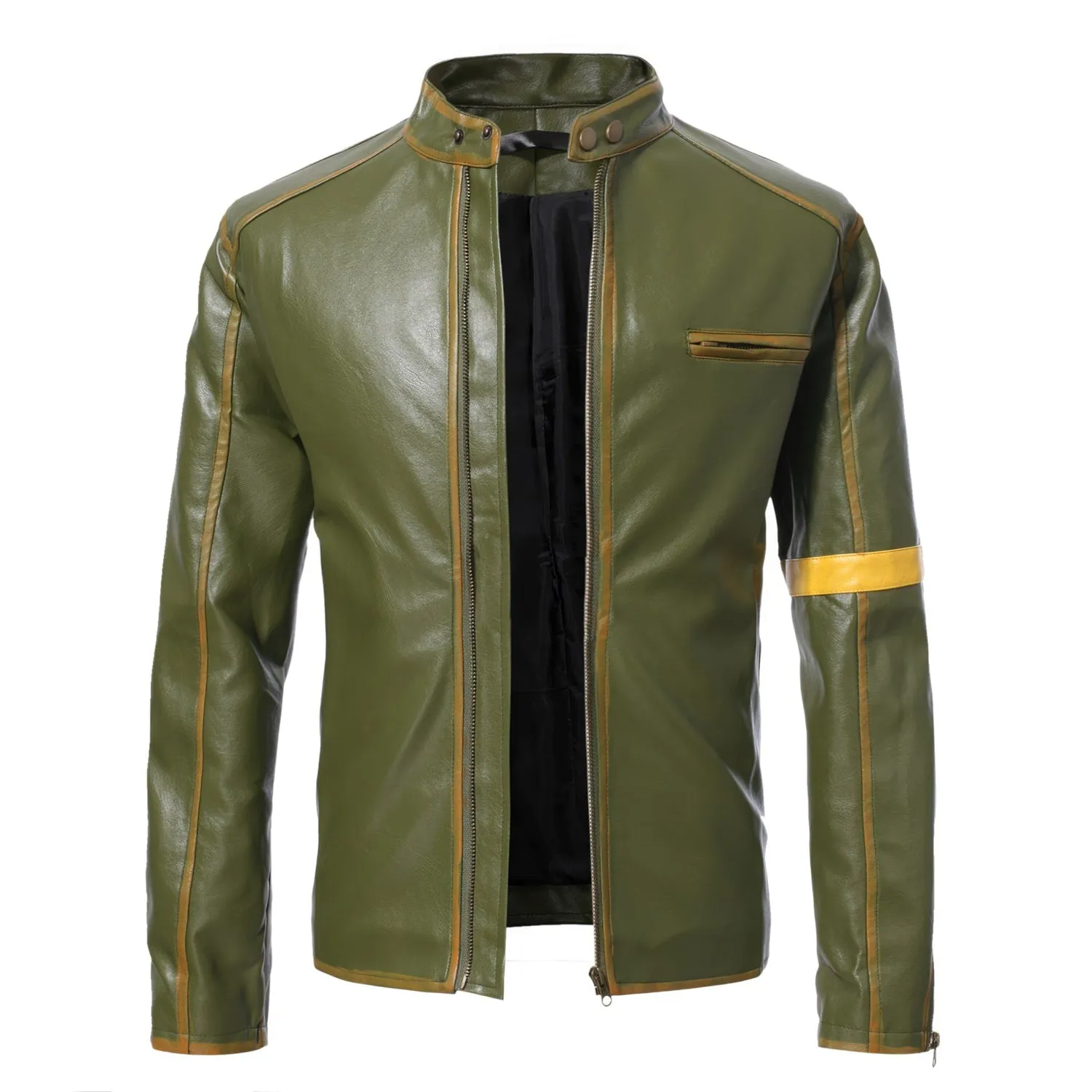 Mens Green Biker Genuine Sheepskin Stand Collar Casual Crossover Motorcycle Café Racer Vintage Retro Leather Jacket