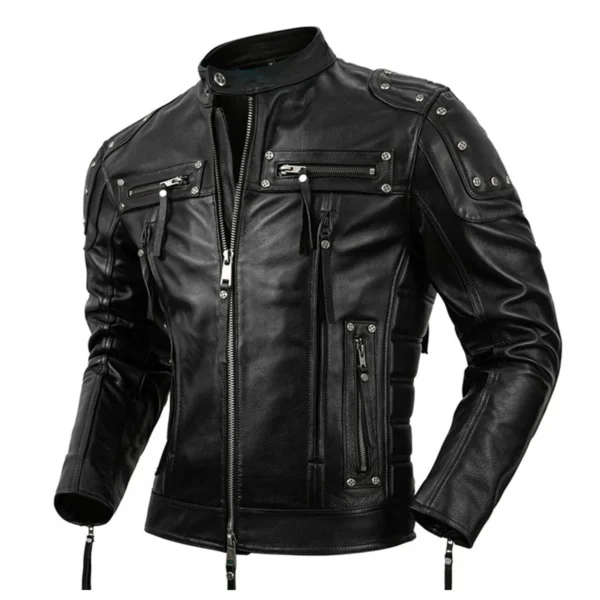Mens Black Biker Genuine Cowhide Stand Collar Motorcycle Rider Casual Classic Fashionable Slim Fit Zip-Up Leather Jacket