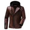 Mens Vintage Distressed Brown Biker Genuine Sheepskin Lapel Collar Hooded Motorcycle Rider Crossover Retro Quilted Asymmetric Leather Jacket