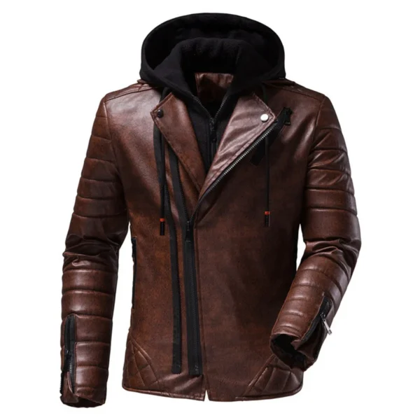 Mens Vintage Distressed Brown Biker Genuine Sheepskin Lapel Collar Hooded Motorcycle Rider Crossover Retro Quilted Asymmetric Leather Jacket
