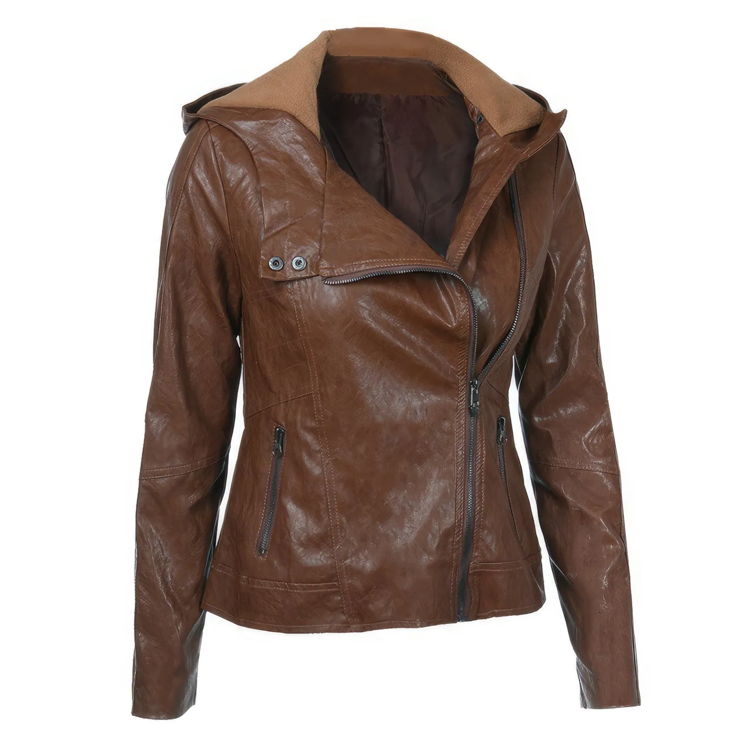 Womens Brown Biker Genuine Sheepskin Hooded Scooter Sporty Crossover Vintage Slim Fit Asymmetric Leather Jacket