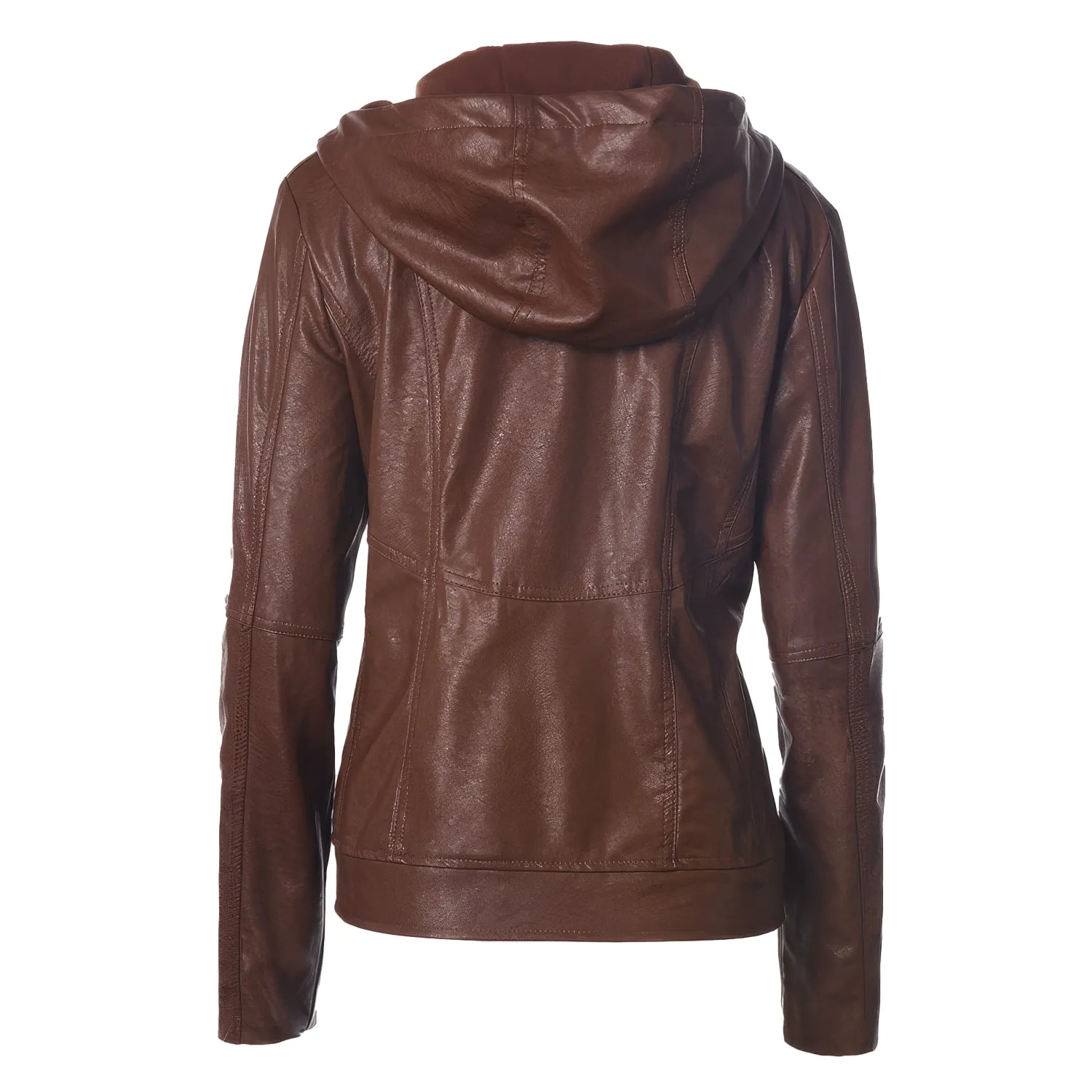 Womens Brown Biker Genuine Sheepskin Hooded Scooter Sporty Crossover Vintage Slim Fit Asymmetric Leather Jacket - Image 3