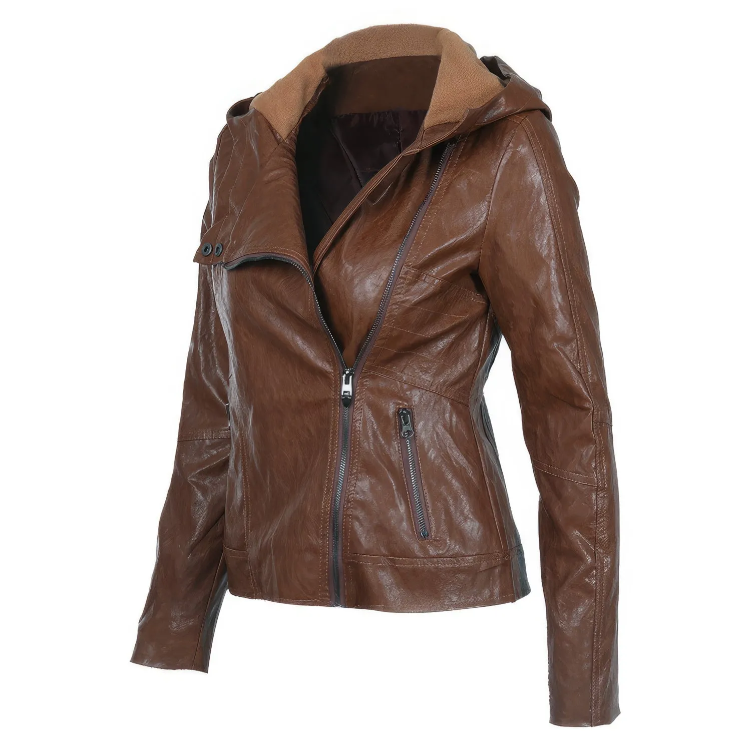 Womens Brown Biker Genuine Sheepskin Hooded Scooter Sporty Crossover Vintage Slim Fit Asymmetric Leather Jacket - Image 2