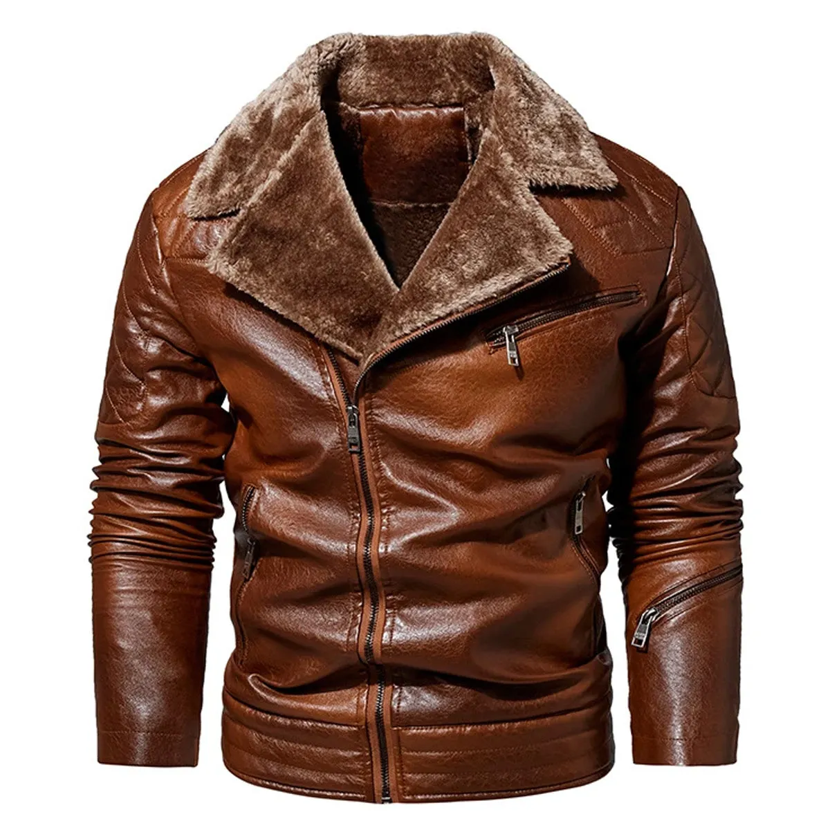 Mens Biker Brown Genuine Sheepskin Faux Fur Motorcycle Rider Windproof Leather Jackets