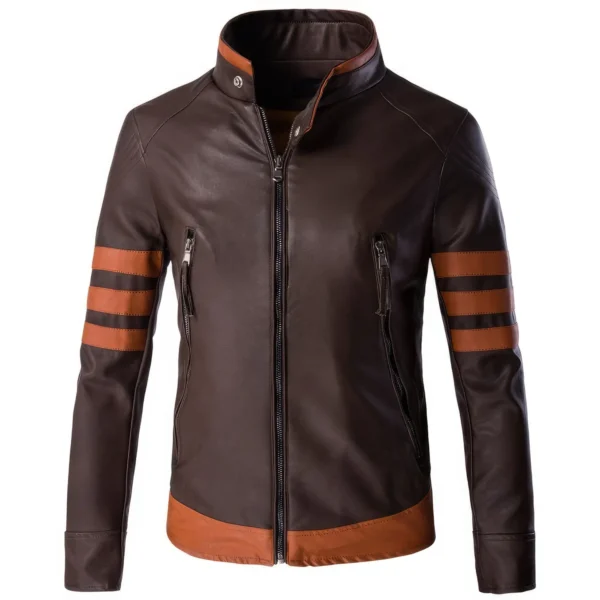 Mens Brown Genuine Sheepskin Stand Collar Tan Strips Zip-Up Retro Casual Slim Fit High Street Smooth CafÃ© Racer Leather Jacket