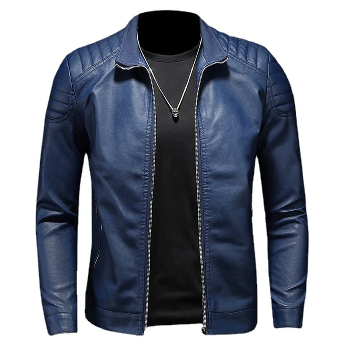 Mens Blue Biker PU Stand Collar Korean Style Quilted Shoulders Motorcycle Rider Smooth Fashionable Casual Classic Faux Leather Jacket - Image 2