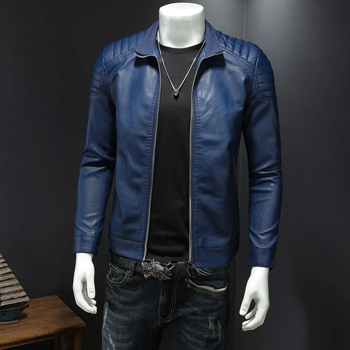 Mens Blue Biker PU Stand Collar Korean Style Quilted Shoulders Motorcycle Rider Smooth Fashionable Casual Classic Faux Leather Jacket - Image 3
