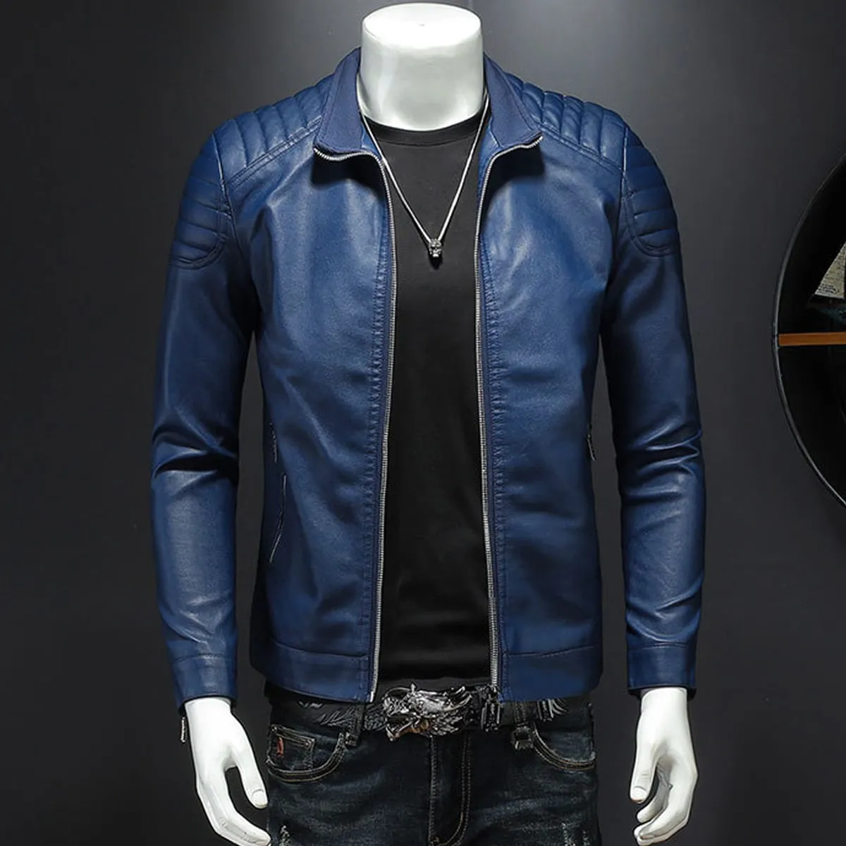 Mens Blue Biker PU Stand Collar Korean Style Quilted Shoulders Motorcycle Rider Smooth Fashionable Casual Classic Faux Leather Jacket - Image 4
