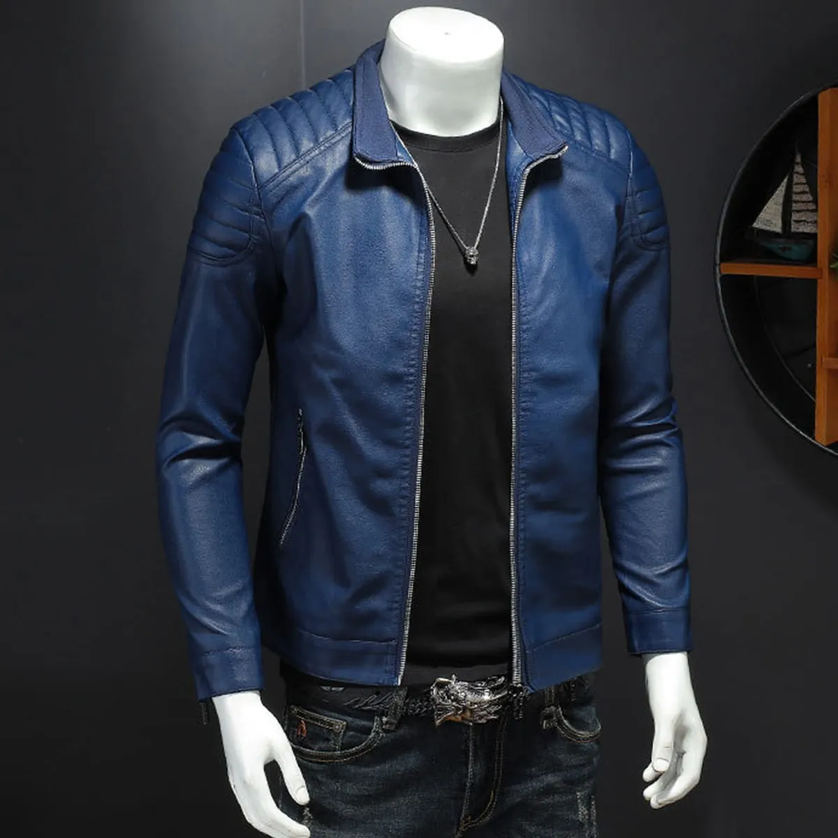 Mens Blue Biker PU Stand Collar Korean Style Quilted Shoulders Motorcycle Rider Smooth Fashionable Casual Classic Faux Leather Jacket