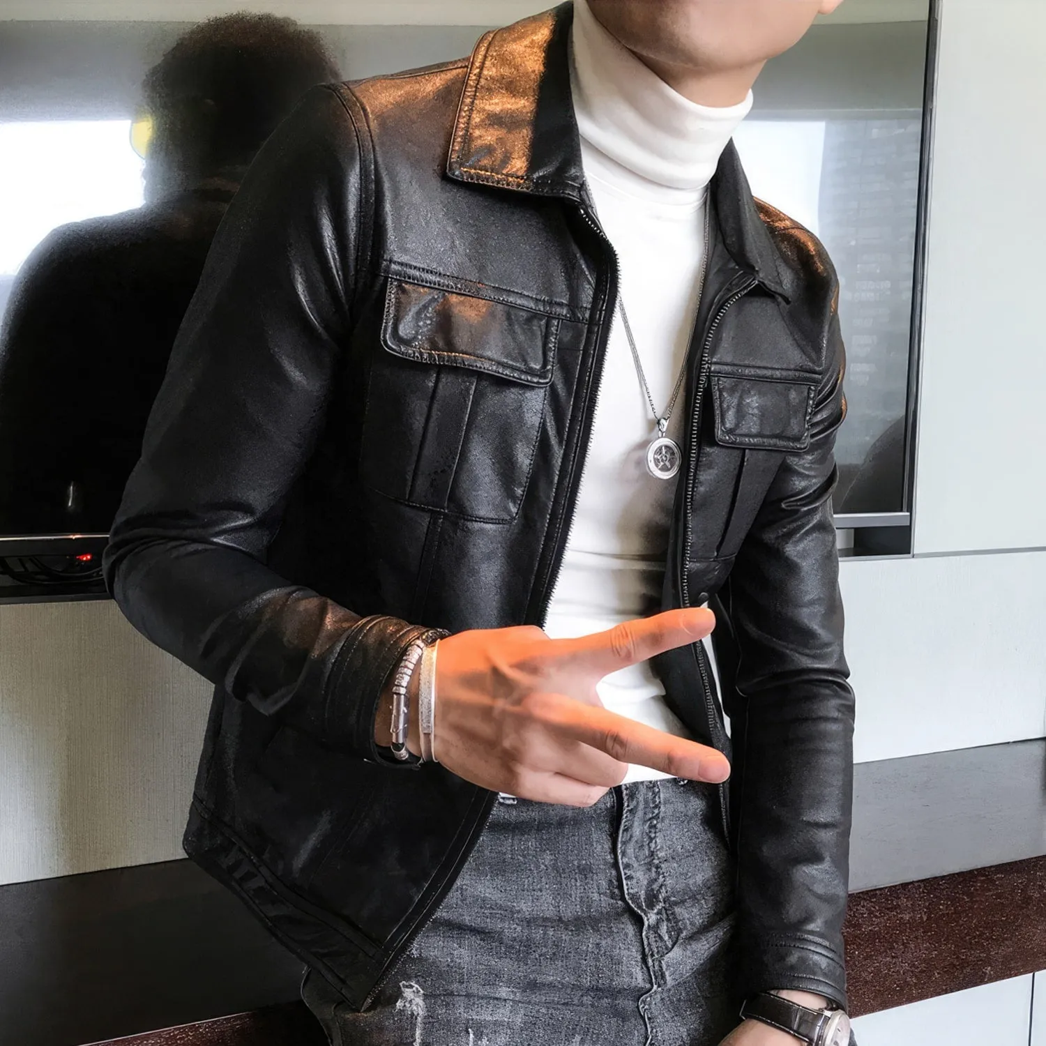 Mens Black Biker Genuine Sheepskin Shirt Collar Café Racer Retro Zip-Up Casual Slim Fit Moto Rider Smooth Leather Jacket - Image 4