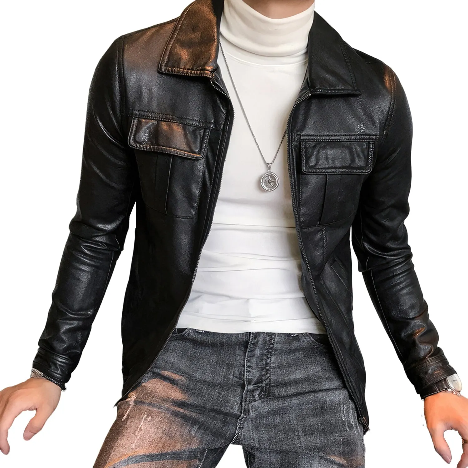 Mens Black Biker Genuine Sheepskin Shirt Collar Café Racer Retro Zip-Up Casual Slim Fit Moto Rider Smooth Leather Jacket - Image 5