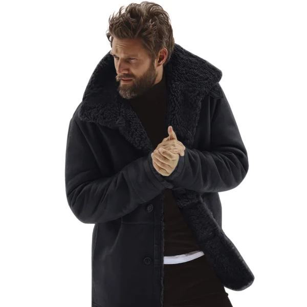 Mens Black Genuine Suede Sherpa Shearling Faux Fur Lined Winter Warm Single Breasted Fashionable G1 Military Leather Coat