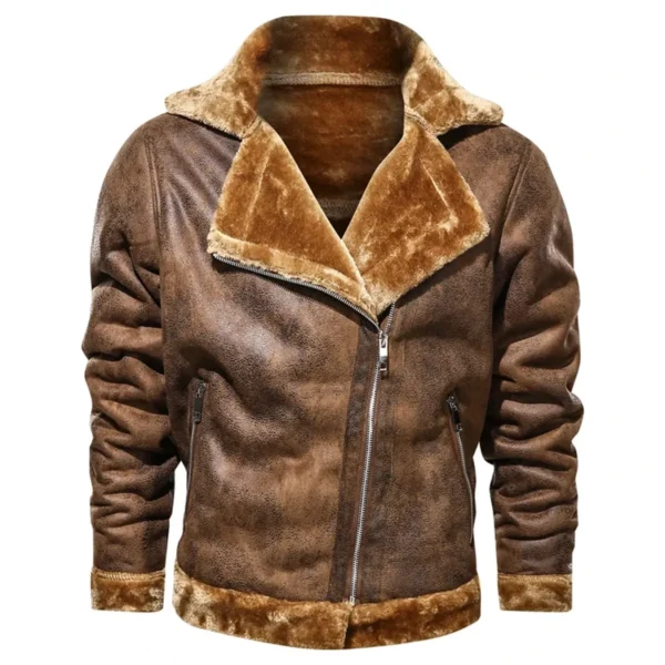 Menâ€™s B3 Bomber Aviator Vintage Distressed Brown Genuine Sheepskin Faux Fur Lapel Collar Asymmetric Leather Jacket