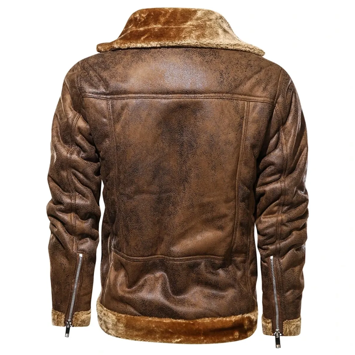 Men’s B3 Bomber Aviator Vintage Distressed Brown Genuine Sheepskin Faux Fur Lapel Collar Asymmetric Leather Jacket - Image 3