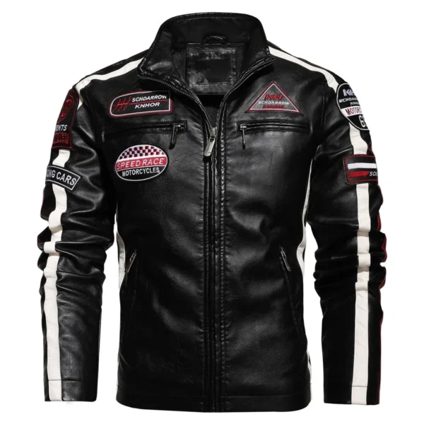Mens Black Rider Genuine Sheepskin Stand Collar Cool Embroidery Patch Aviator Fashionable Casual Motorcycle Biker Leather Jacket