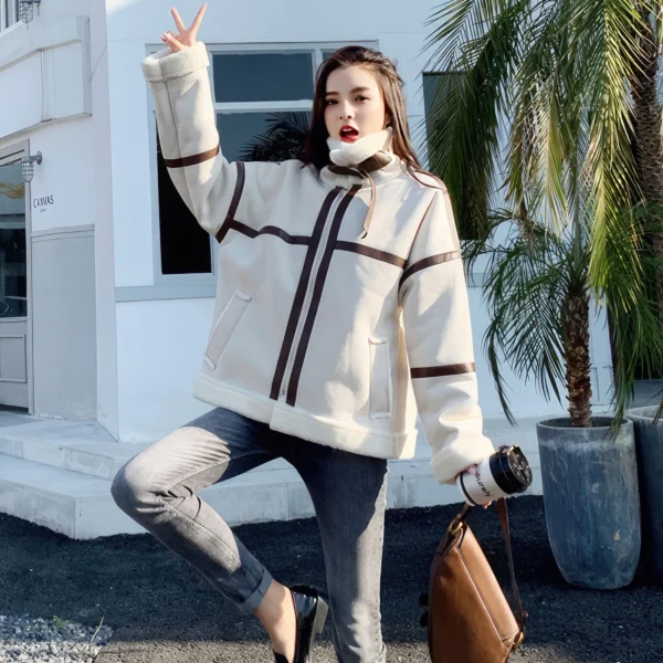 Womens Off-White Genuine Suede Sherpa Shearling Faux Fur Lined Brown Strips Loose Oversized Motorcycle Racer Leather Jacket