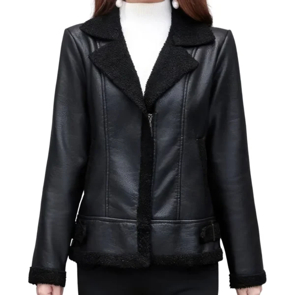 Womens Black Bomber Genuine Sheepskin Sherpa Shearling Faux Fur Lined Winter Warm Fashion Chic Slim Fit Leather Jacket