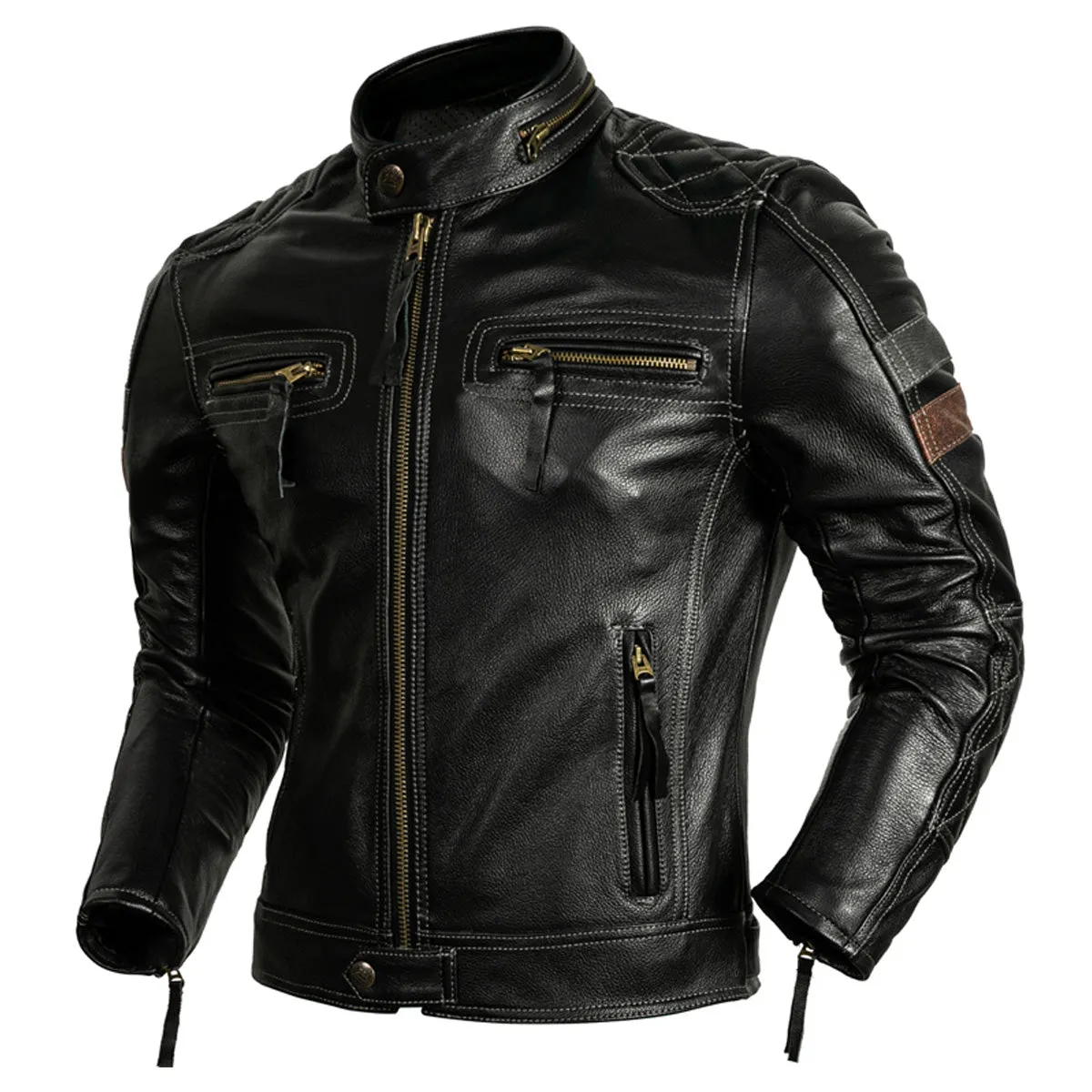 Mens Black Biker Genuine Cowhide Stand Collar Multi-Zippers Moto Rider Classic Leather Jacket