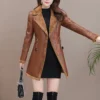 Womens Brown Genuine Sheepskin Lapel Collar Sherpa Shearling Faux Fur Lined Thick Warm Casual Classic Single Breasted Trench Style Leather Coat Jacket