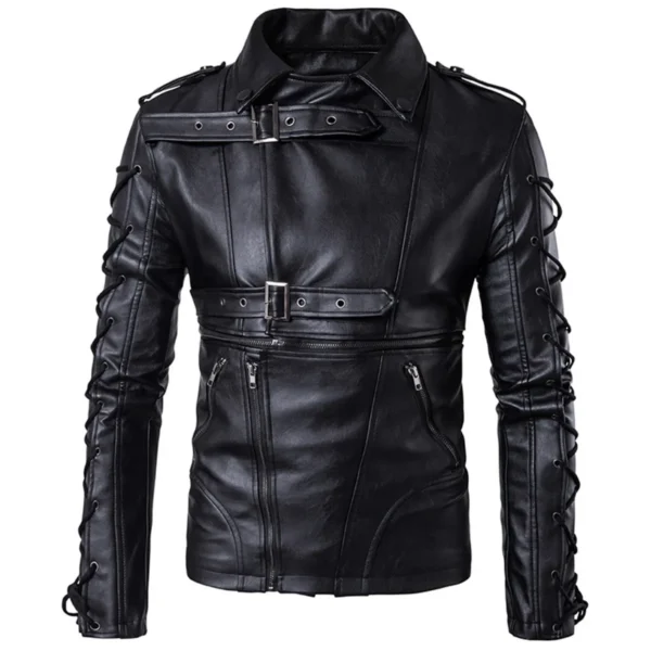 Mens Laced Military Gothic Black Genuine Sheepskin Racer Classic Fit Biker Leather Jacket