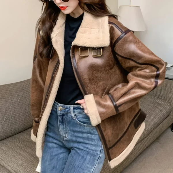 Womens Distressed Brown Aviator Genuine Sheepskin Sherpa Shearling Faux Fur Lined Thick Winter Warm Streetwear Chic Flight Pilot Leather Jacket